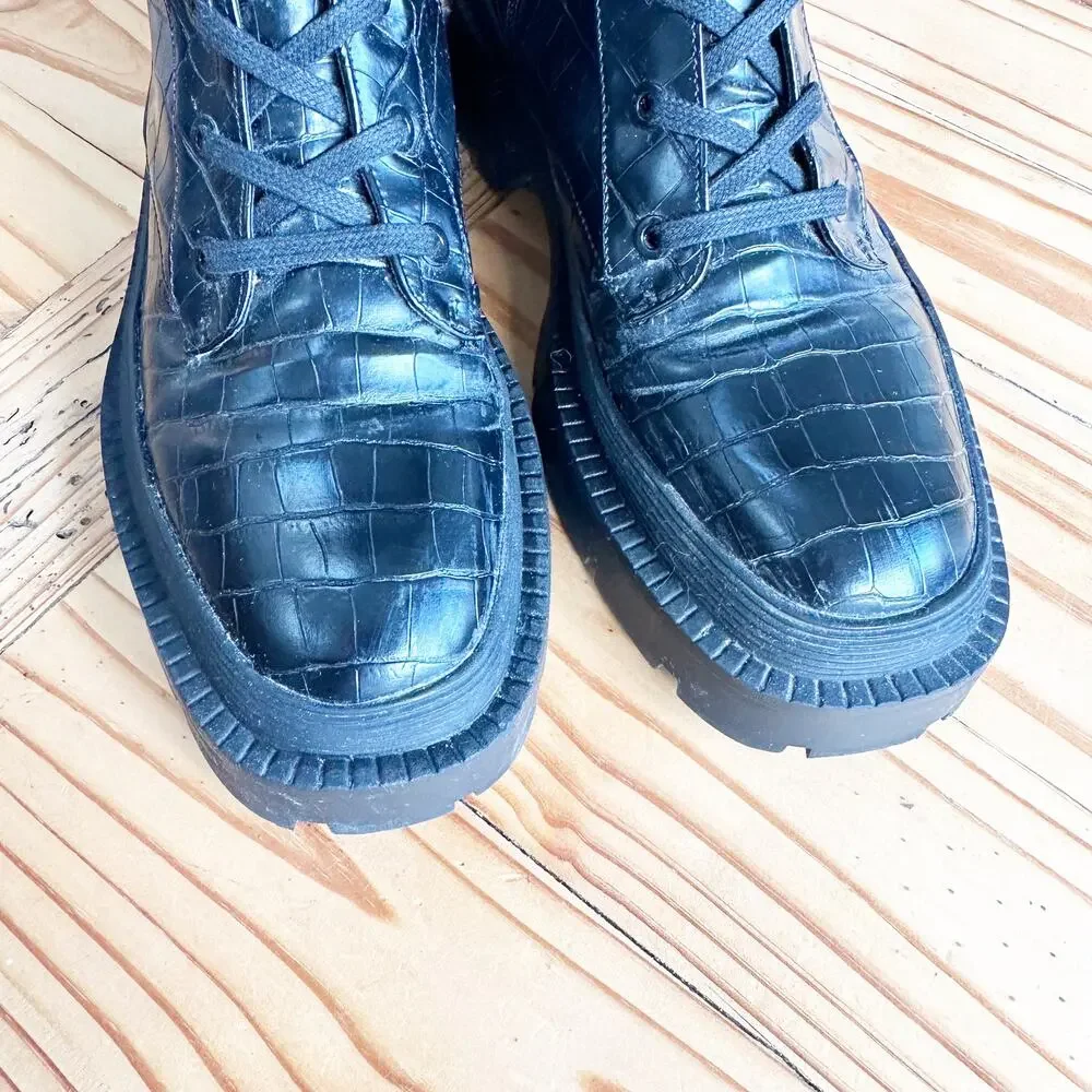 Zara Black Croc Embossed Combat Boots Platform Lug Sole Lace Up EU 39 US 8 - Picture 5 of 12